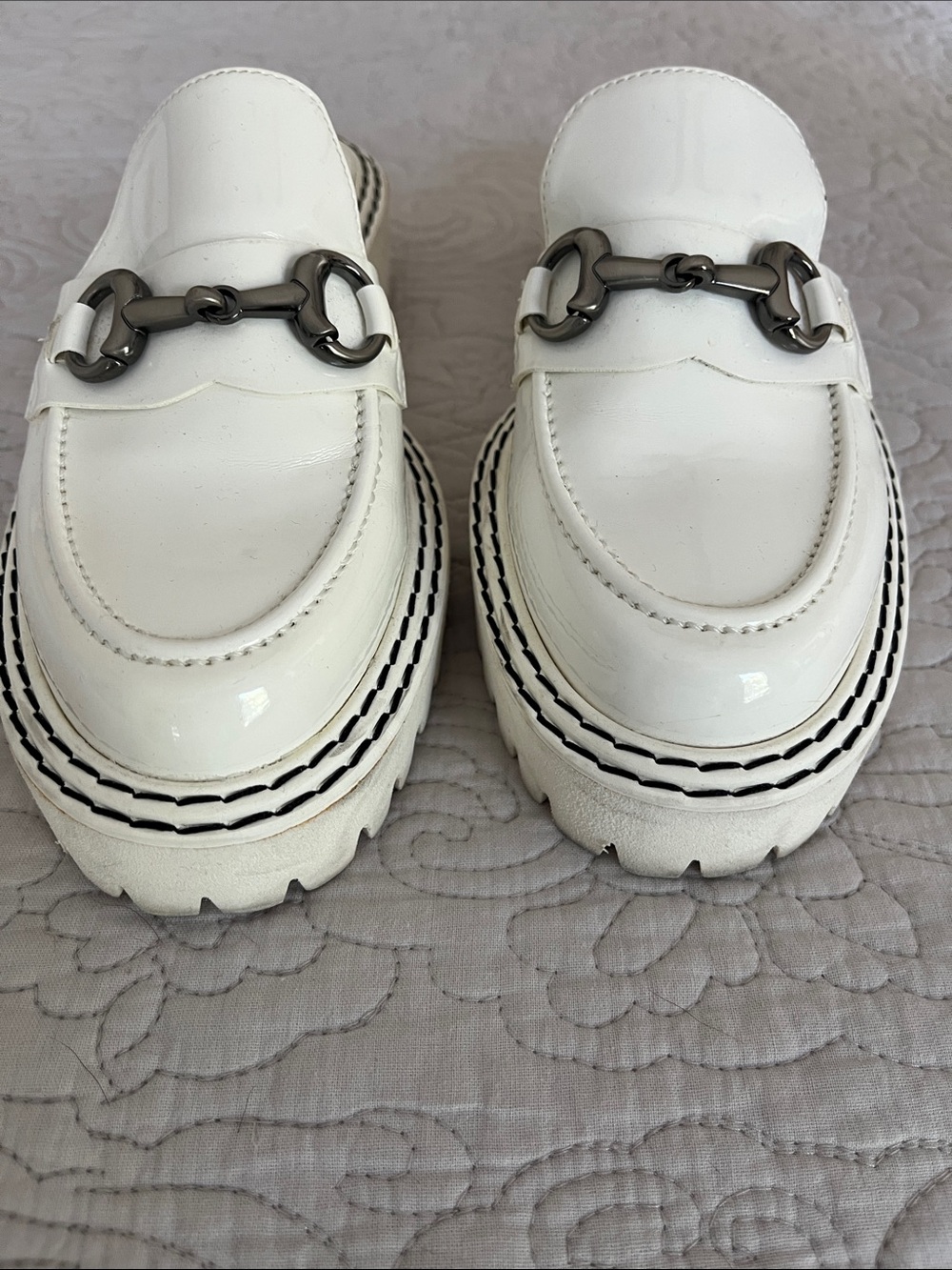 White Patent Platform Mules with Metal Bit Accent